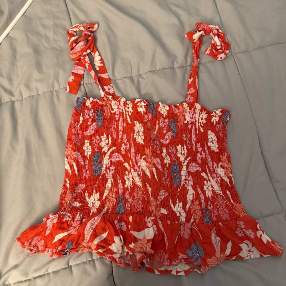 Red Floral Smocked Crop Top